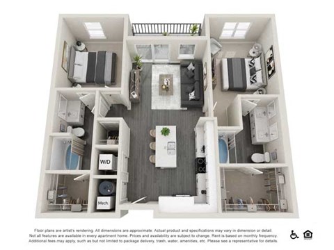 Floor plan for 2 beds, 2 baths, 1016 sqft